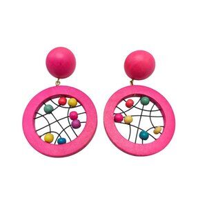 Vintage 1980s Pink Wooden Hoop Earrings With Multicolored Beaded Wire Design